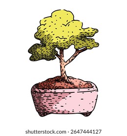 watering bonzai tree hand drawn. fertilizer wiring, trimming styling, repotting tools watering bonzai tree vector sketch. isolated color illustration
