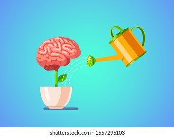 watering a brain to water, grow a mind, the growth of thinking. Green background.  Modern flat style thin line vector illustration.