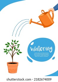 watering in bubble. Hand holds a watering can and waters a young flower sprout. Concept of plant growth or business. Vector illustration cartoon.  flat style on white background.