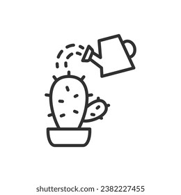 Watering a cactus, linear icon. Line with editable stroke