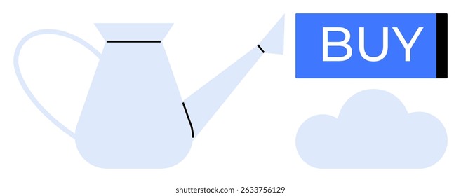 Watering can aimed at cloud, blue Buy button nearby. Ideal for e-commerce, growth, online shopping, investment, nurturing, technology, digital marketing. Line metaphor