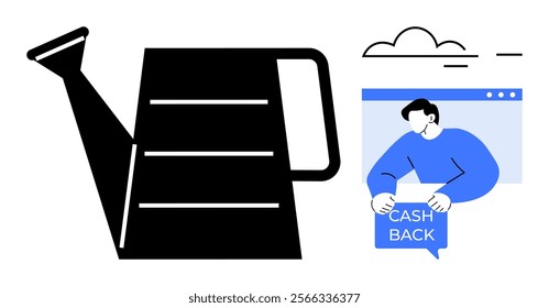 Watering can alongside a person holding a Cash Back sign in a web browser window with a cloud above. Ideal for gardening, saving money, financial rewards, online purchases, and personal finance