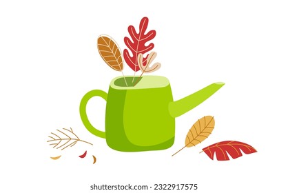 Watering can with autumn leaves. Vector illustration of autumn leaf in watering can. Vector flat Isolated on white background. Autumn golden color leaf set. Seasonal doodle. Seasonal florals