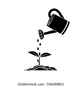 Watering can, black silhouette on white background. Drops of water on young seedling. Watering seedlings icon. Vector illustration flat design. Tools for the garden. Plant sprout.