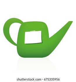 Watering can with blank notepad - piece of white paper to write a message, reminder, tips or thank you letter. Isolated vector illustration on white background.