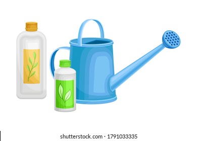 Watering Can and Bottles with Synthetic Fertilizer for Soil and Plant Growth Vector Illustration