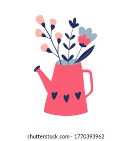 Watering can with a bouquet of flowers. Vector flat illustration isolated on a white background. Doodle  illustration with cute hand drawn flowers. Postcard, poster, decor.