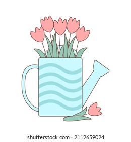 Watering can with bouquet of tulips