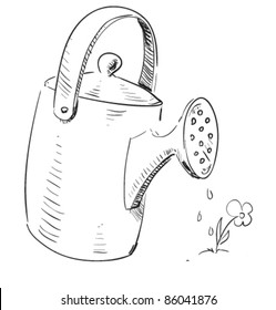 Watering can cartoon icon. Sketch fast pencil hand drawing illustration in funny doodle style.
