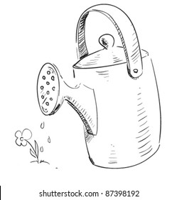 Watering can cartoon icon. Sketch fast pencil hand drawing illustration in funny doodle style