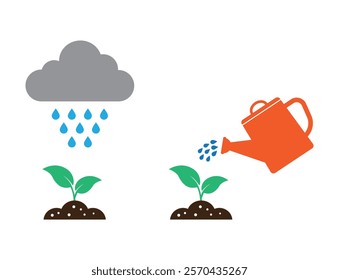 Watering can and cloud rain water shower plant with green leaves icon