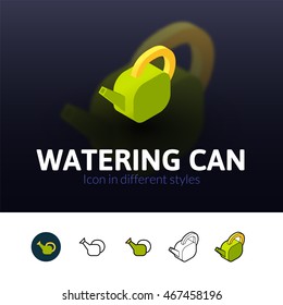 Watering can color icon, vector symbol in flat, outline and isometric style isolated on blur background