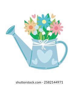 Watering can with cute fresh spring flowers. Concept for gardening, and the beauty of blooming nature. Flat vector illustration.