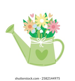 Watering can with cute fresh spring flowers. Concept for gardening, and the beauty of blooming nature. Flat vector illustration.
