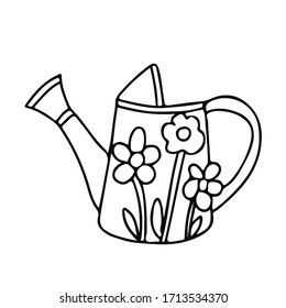 Watering can  decorated with camomile flowers in doodle style. Hand drawn vector illustration in black ink isolated on white background.