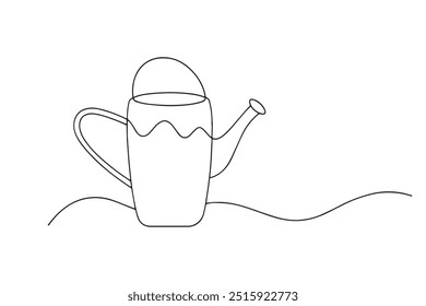 A watering can, designed in a clipart style, showcasing its spout and handle clearly One line continuous line art vector illustration on white background