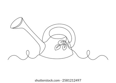 Watering can, drawn with continuous line in minimalism, abstract, concept of garden, watering plants, gardening tools, water vessel, one line, editable vector contour