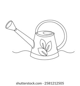 Watering can, drawn with continuous line in minimalism, abstract, concept of garden, watering plants, gardening tools, water vessel, one line, editable vector contour