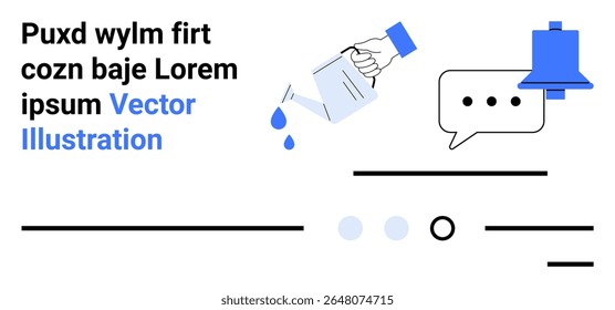 Watering can dripping water, notification bell, chat bubble with dots, abstract lines, and dots. Ideal for communication, notifications, chat applications, customer engagement, website interface