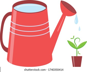 A watering can with a drop of water and a sprout in a pot. flat illustration of a home plant with leaves