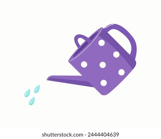 Watering can and drops of water isolated on white background. Watering plants. Colored flat vector illustration. Floristics and gardening, hobbies, outdoor activities. Gardening, agronomy sign.