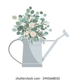 Watering can with eucalyptus branches and roses. Vector illustration isolated on white background.