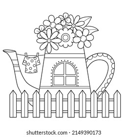 Watering can Fairy house . Cute contour house black and white vector coloring book for adults and children