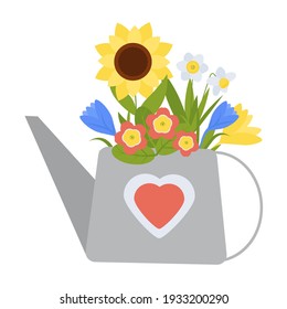 Watering can with first spring flowers and sunflower. Symbol of new season. Vector isolated illustration. Simple flat style. Good for print. poster, invitation, decoration, sticker, postcard.