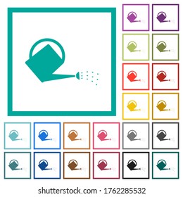 Watering can flat color icons with quadrant frames on white background