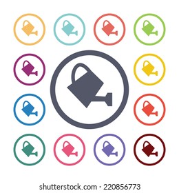 watering can flat icons set. Open round colorful buttons. Vector 