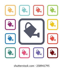 watering can flat icons set. Open round colorful buttons. Vector 