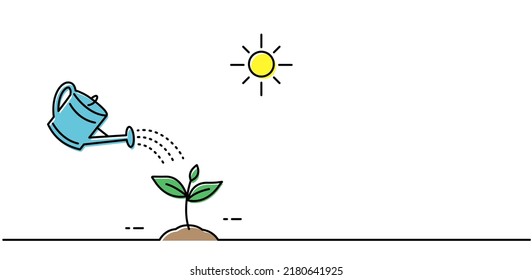 Watering a watering can flower. Concept of plant growth under the sun. Thin line with color. Grow plant leaves. Outline trendy style. Vector illustration isolated on white.