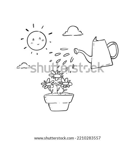 watering can and flower in doodle