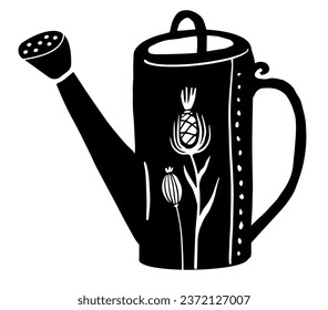 Watering can with flower hand drawn isolated on white background. Modern gardening tool or agricultural implement used in horticulture and plant cultivation. Flat cartoon vector illustration.
