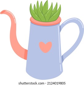 Watering can with flower, plants, trees and sprouts, vector