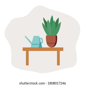 Watering can and flower pot on the table. interior flat illustration.