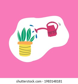 Watering can with flower vector icon. Hand drawn illustration of flower care isolated on pink background.
