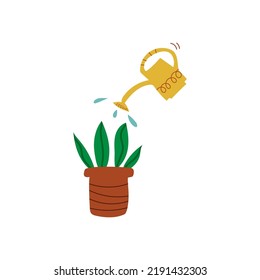 El riego puede ir con el icono del vector de flor. Ilustración dibujada a mano del cuidado de las flores aisladas en un fondo rosado.
