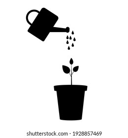 watering can flowerpot silhouette. Botanical background. Isolated vector. Stock image. EPS 10.