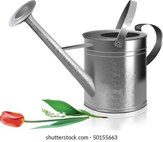 Watering can and flowers. All elements and textures are individual objects. Vector illustration scale to any size.