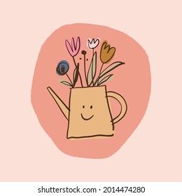 Watering can for flowers bouquet nursery doodle illustration.