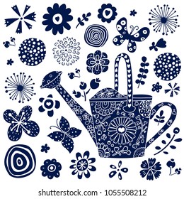Watering can, flowers and butterflies. Silhouettes. Set.