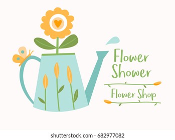 Watering can with flowers, butterfly and water drop, flower shop logotype vector template, logo design