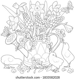 Watering can with flowers and chickens black and white vector illustration