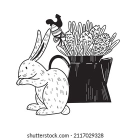 Watering can with flowers and decor for Easter. Rabbit in flat black and white line style. Easter Bunny in vector on isolated white background.