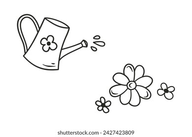 Regar la lata con flores. Ilustración vectorial de primavera de Doodle con elementos de diseño en el tema del jardín. Señal de agua