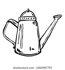 Watering can for watering flowers, doodle vector illustration. Tool for the gardener, vase with a spout. Hand drawn. 
