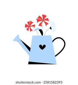 Watering Can with Flowers in Flat Vector Illustration Symbolizing Gardening, Home Decor, and Floral Arrangement, Isolated on White Background