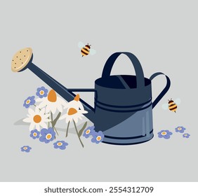 Watering can. Watering can with flowers. Gardener's inventory. Watering tool. Flat vector