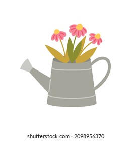 Watering can with flowers hand drawn naive art